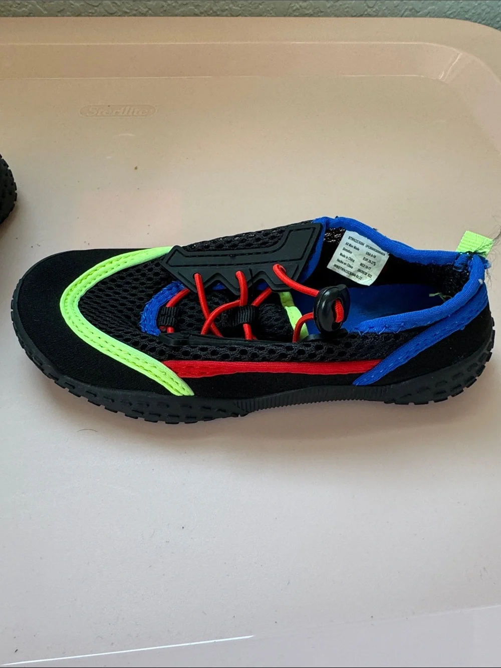 wonder nation Black Water Shoes with Neon Green, Royal Blue & Red Details